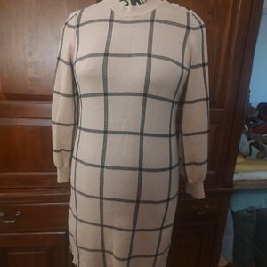 Ann Taylor Factory Tan Checkered Long Sleeve Dress